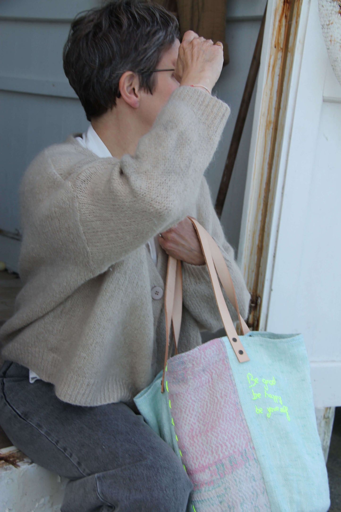 Sac "Be good, be happy, be yourself" – lin chevron & kantha rose